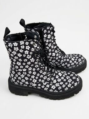 Call It Spring Black Floral Lace-Up Combat Boots Moto Edgy Streetwear Boho